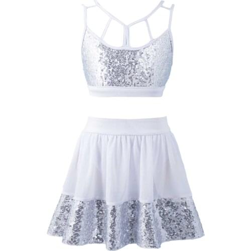 Princess Kids Baby Girl Clothes Sets Sequins Crop Top with Chiffon Skirts Outfits Shiny Ballet Tutu Lyrical Dance Wear Costumes