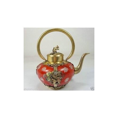 China old collectable handwork porcelain teapot armored dragon butterfly Garden Decoration 100% real Tibetan Silver Brass