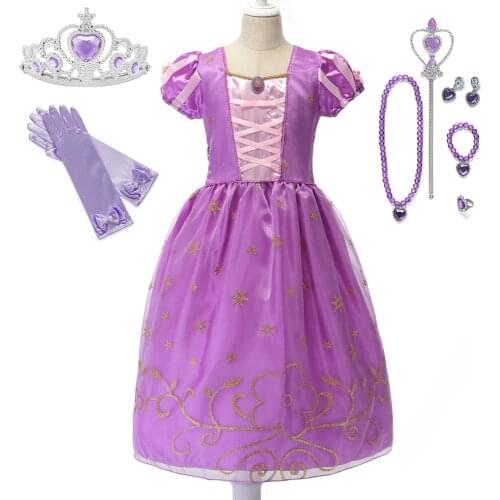 Summer Dress Purple Short Sleeve Floral Tangled Dress Kids Party Role Playing Frocks Lace Prom Dresses Girls Costume