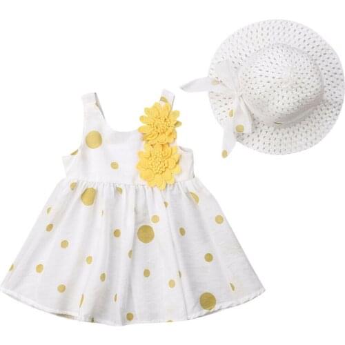 Cute Infant Kids Baby Girl Summer Dress Sleeveless Floral Dot Boho Dresses Hat 2PCS Princess Girls Party Clothes 6M-3Y