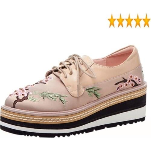 Women Patchwork Vintage Floral Brand Embroidery Platform Shoes Height Increasing Wedges Lace Up Sneakers Beads Casual Loafers