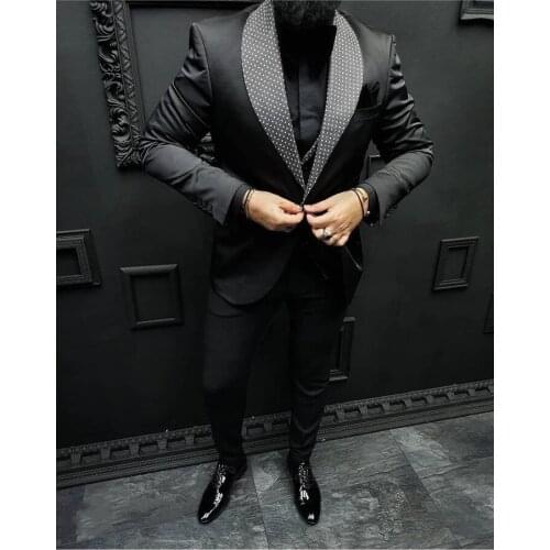 Italian Check Dots Shawl Lapel Black Men Suits Wedding Groom Tuxedos Terno Masculino Slim Fit Prom Blazer 3 Pcs Jacket+Pant+Vest