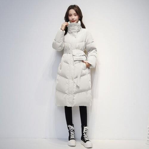 2021 New Winter Women Puffer Jackets Korean Style White Duck Down Coat Female Belt Pocket Thicken Warm Long Loose Ladies Outwear