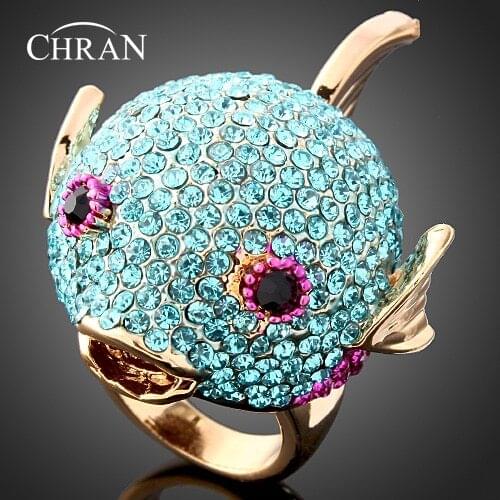 Chran Gold Color Wide Animal Rings Jewelry Charm Fish Designs Enamel Crystal Finger Wedding Rings for Women