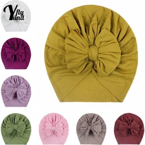 Yundfly Solid Color Striped Baby Girls Turban Hat Cute Handmade Bowknot Newborn Caps Soft Warm Infant Headwear Birthday Gifts