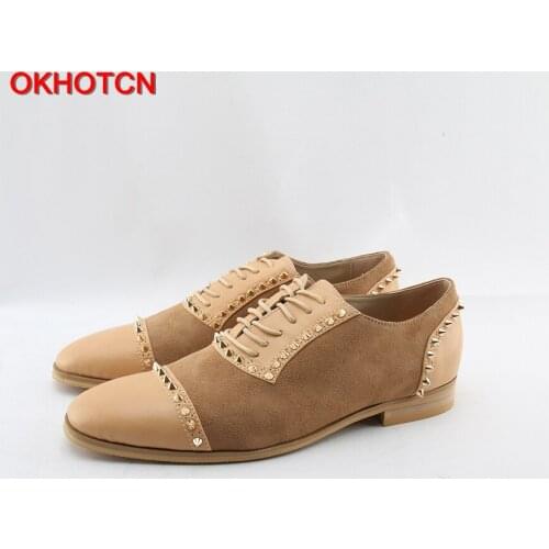 OKHOTCN Fashion Patchwork Mens Dress Shoes Khaki Designer Shoes Men Gold Rivet Studded Suede Shoes casual lace up Leather Flats