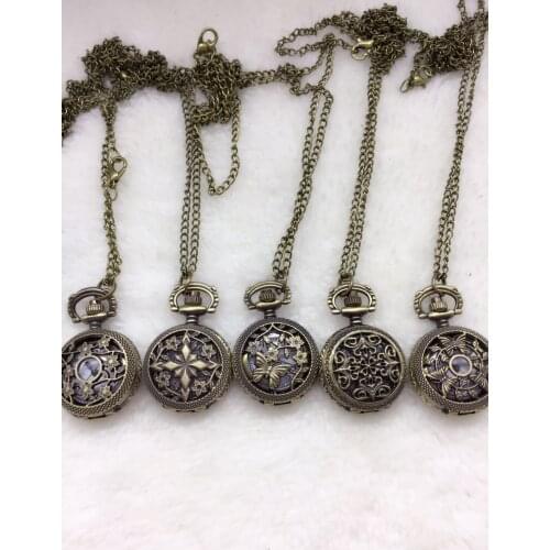 Wholesale Vintage Bronze Small Flower Pocket Watch Necklace, 5 design mixed ,10pc/lot APW004