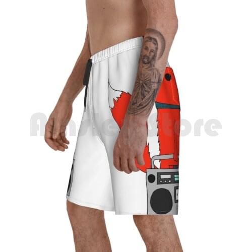 Music Fox Beach Shorts Men Beach Pants Swim Trunks Fox Music Radio Tape Boombox Red Cartoon Cute Tie Animal Forest