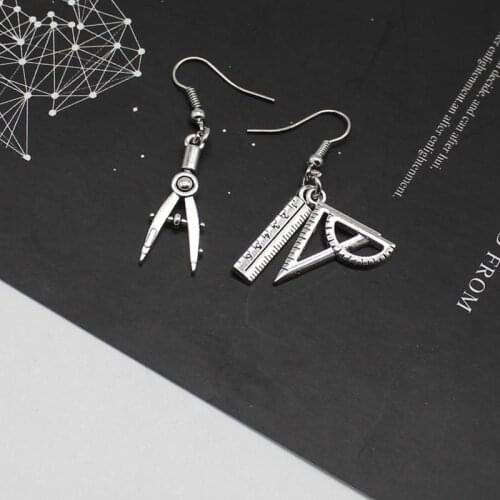 Retro geometric funny compass ruler stationery asymmetric trinkets earrings punk hip hop trend ladies jewelry
