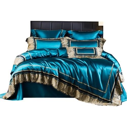 Luxury European Style Silk Cotton Lace & Purfle Bedding Set Duvet cover Bed sheet Bedspread Pillowcase King Queen 4 PCS