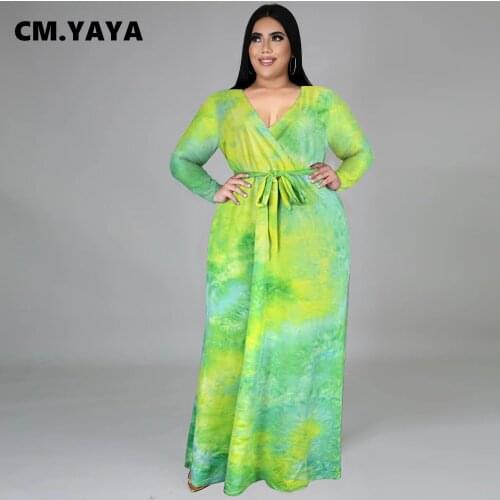 CM.YAYA Plus Size Women Elastic Long Dress Print Full Sleeve V-neck Loose Floor Length Dresses Bandage Sashes Office Lady Dress