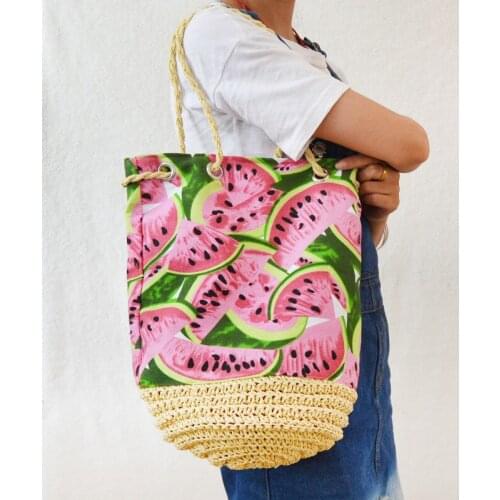 Bucket Straw Bag Bundle Canvas Watermelon Printing Bag Womens Bag Beach Bag