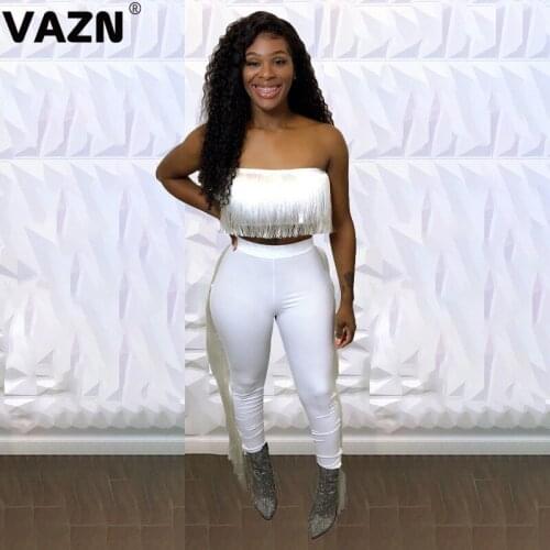 VAZN New arrival 2020 spring sexy lady 3 colors long set short tassel strapless top long leather pants set lady high street sets