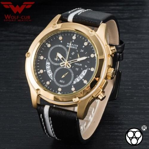 WOLF-CUB Sport Gold Watch Gentleman Original 6-pin Multifunction Sports Waterp Casual Big Dial Chronograph Running Seconds Mens