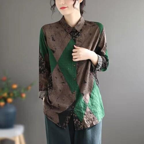 New Spring/autumn Women Loose Casual Long Sleeve Single Breasted Blouse Turn-down Collar Print Patchwork Casual Shirts W203