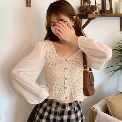 Womens V Neck Shirts Patchwork Puff Sleeve Sweet Long Sleeve Autumn Tops Blouse 2021