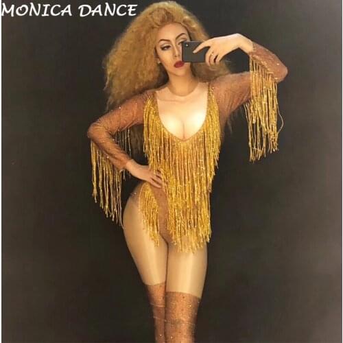 Women Sexy Stage Gold Tassel Dj Bodysuit Stage Wear Dancer Singer Bling Costumes Nightclub Party Performance Show Dance Costumes