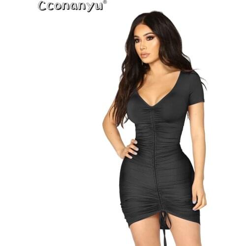 Sexy V Collar Pleat and fold Bandage Dress 2020 Summer Elegant Temperament Solid Short Sleeve Women Lace-up Dress