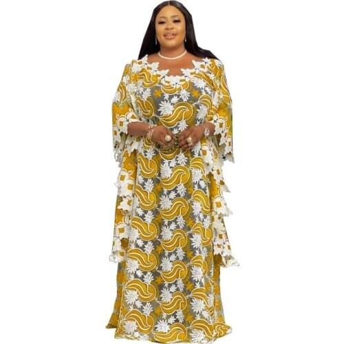 African Lace Maxi Dress Women 2 Piece Set With Tank Dress Batwing Sleeve Robe Summer Embroidery Bazin Riche African Dress Boubou