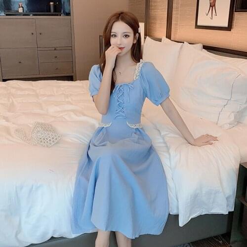 High Waist Summer New Retro Dress Women Square Collar A-line Long Dress 2021 Elegant Female Clothes Designer Korean Puff Sleeve