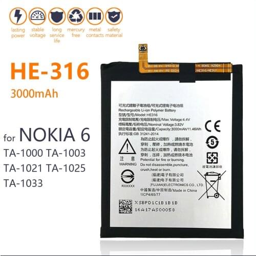 100% Real 3000mAh HE316 HE-316 Battery For Nokia 6 TA-1000 TA-1003 TA-1021 TA-1025 TA-1033 Smart Phone High quality Battery
