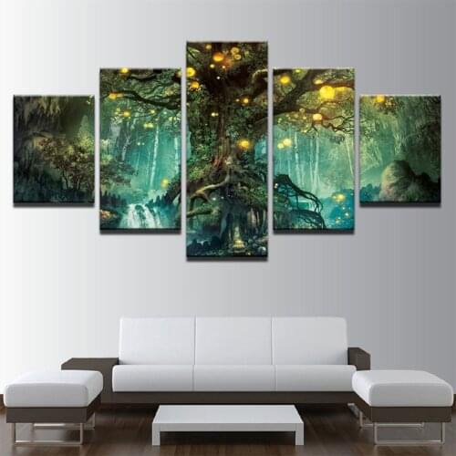 5 Pieces Canvas Wall Art Teal Green Tree Landscape Black and White Picture Prints Wall Decoration for Modern Living Room