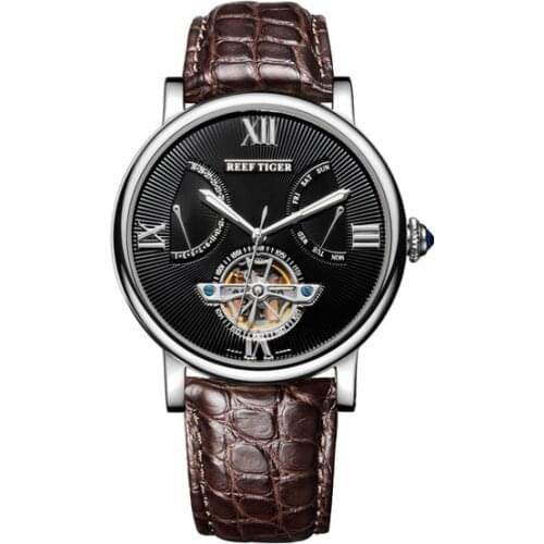 Reef Tiger Artist Serier RGA191 Men Business Fly Wheel Dual Window Week & Date Dial Automatic Mechanical Wrsit Watch - Alligator