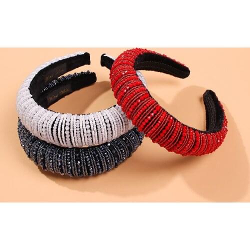 Fashion Ins Rice Beaded Hair Hoop Thick Sponge Headbands For Women Crystal Hairband High Quality Black Red Handmade Headdress