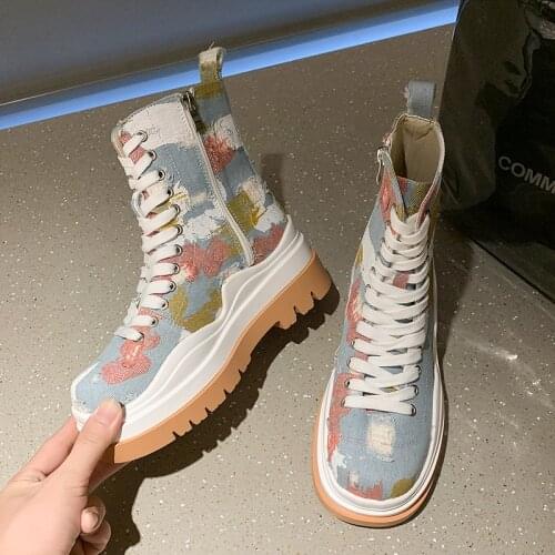 Women Canvas Shoes Womens Fashion Casual Boots Denim Blue Shoes High-top Sneakers Women Platform Vulcanize Zapatillas Mujer