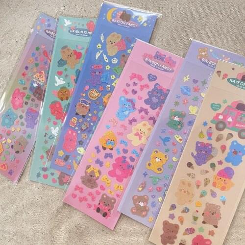 Korean Ins Cute Rabbit Bear Laser Sticker Scrapbooking DIY Material Idol Card Kawaii Stationery Decorative Stickers Aesthetics