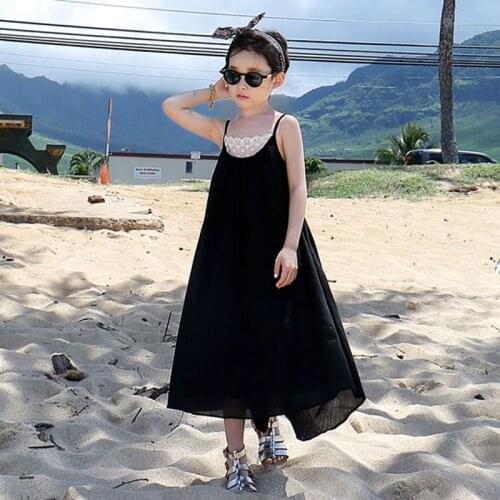 New Summer Baby Girls Dresses Black Cotton Linen Lace Decoration Girls Beach Holiday Children Dress Kids Clothes Vestido
