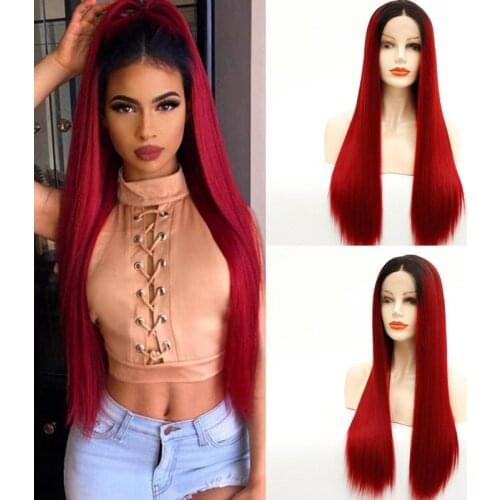 Ombre Burgundy Bug 99J Synthetic Wig Long Black to Red Silky Straight Synthetic Lace Front Wig Heat Resistant Cheap Cosplay Wigs