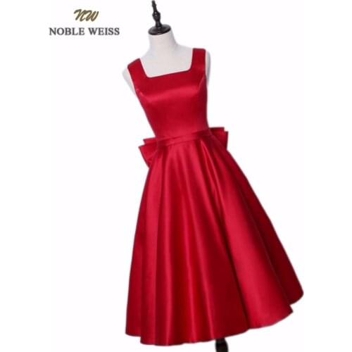 NOBLE WEISS Tea-Length New Dark Red A-Line Evening Dresses Square Collar Satin Custom Made Prom Party Gown With A Big Bow