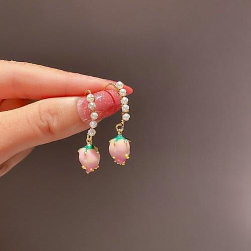 Simple Cute Lovely Peach Pearl Drop Earring For Women 2021 New Summer Jewelry Sweet Pink Flower Bud Ear Accessories