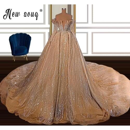 Luxury Champagne Long Sleeve Heavy Beading Floor-Length Prom Evening Dresses 2021 Sparkly Crystals Dubai/Saudi Gowns Robes