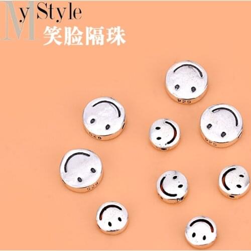 Smiley face round flat bead separated bead S925 pure silver bead loose bead handmade DIY Beaded material Bracelet accessories