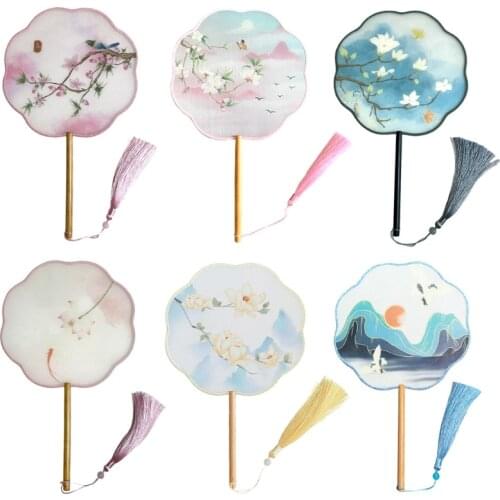 Chinese Style Antique Translucent Handheld Round Circular Fan Vintage Lotus Flower Print Dancing Paddle Hand Fans