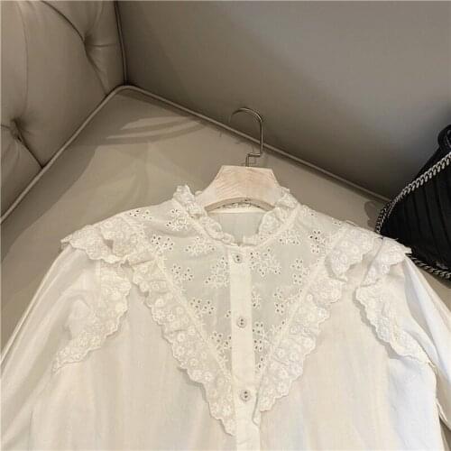 Lamtrip Unique Ruffles Patchwork Lacing Edged Collar Full Embroidery Lolita Kawaii Shirt Long Sleeve Blouse