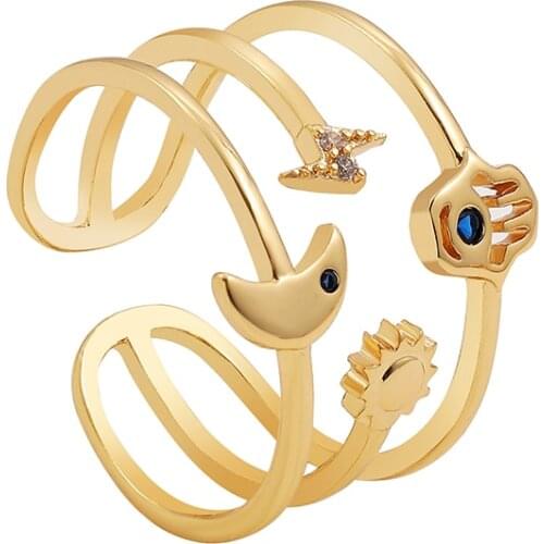 New Multilayer Moon Star Sun Open Rings for Women Gold Color Hollow Metal CZ Turkish Hamsa Hand Finger Rings Lucky Jewelry Gift