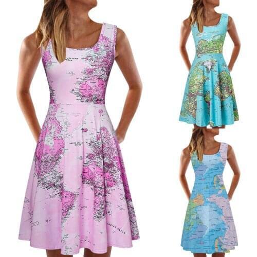 Summer Beach Dress For Women Scoop O-neck Sleeveless Map Printing A-line Sun Dress Vestidos Mujer Verano 2021 Maxi Dress