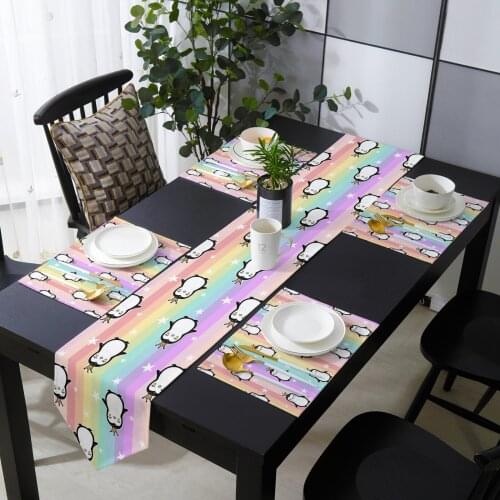 Animal Penguin Stars Rainbow Stripes Table Runner and Placemat Set Tablecloth for Modern Home Party Wedding Decoration