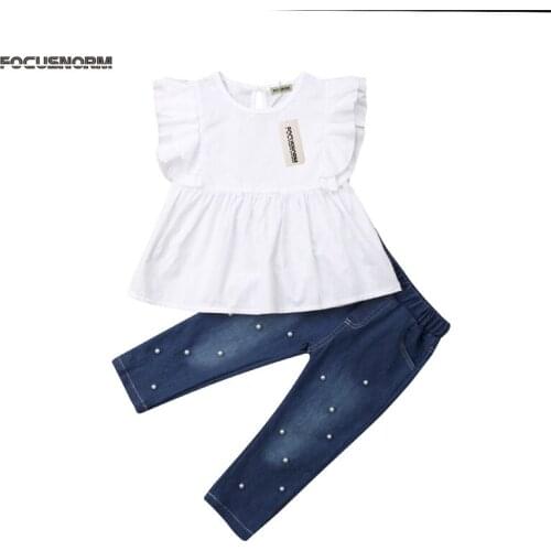 2Pcs Toddler Kids Baby Girl Summer Beaded Clothes Sunsuit Set Cotton Top T-shirt Denim Long Pants 2Pcs Outfits Clothes