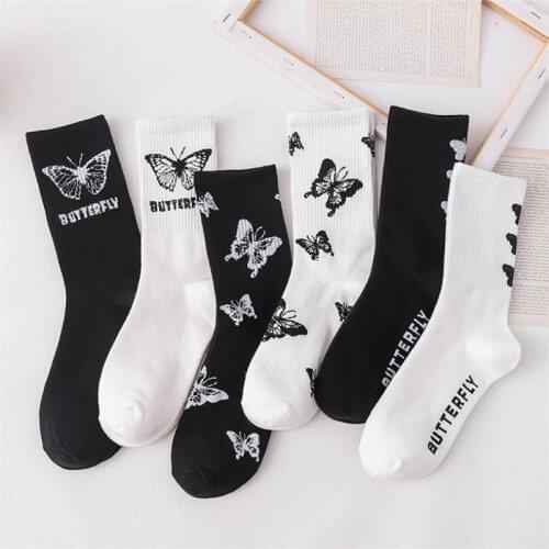 5 Pairs Womens Happy Socks Street Style New Fashion Cotton Sock Ladies And Woman Black White Butterfly Patterned Hip Hop Sock