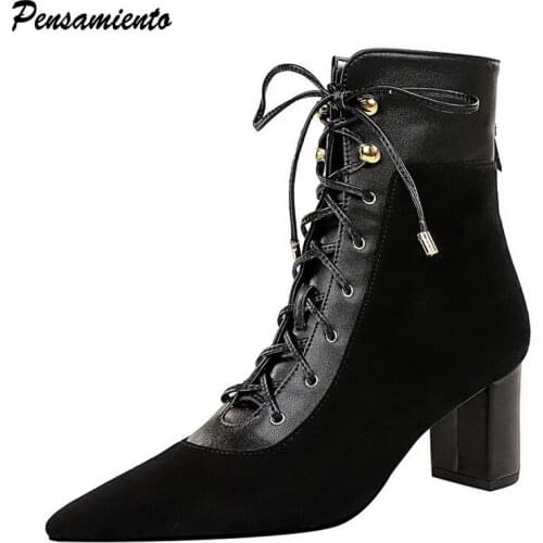 Brand High quality Women boots Fashion cross-tied Faux suede Ankle Boots Vintage High heels Autumn Winter short boots shoes