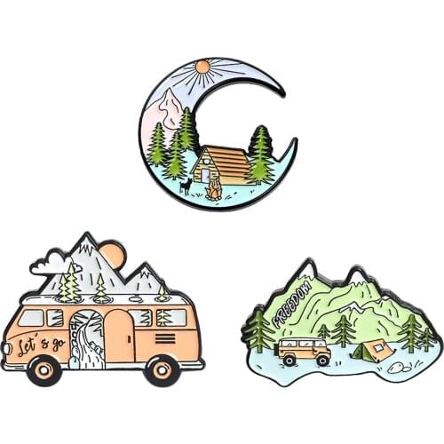 Fashion Mountain Car House Moond Metal Alloy Enamel Brooches For Women Girls Badge Clothes Bag Lapel Accessories Jewelry Gift