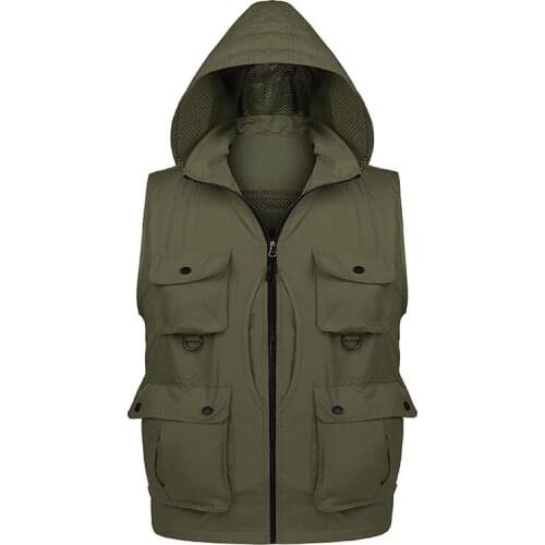 Mens Quick-dry Multi-pockets Vest Hiking Fishing Hooded Sleeveless Jackets Camisa Depesca Outdoor Leisure Mesh Waistcoat L-XXXL