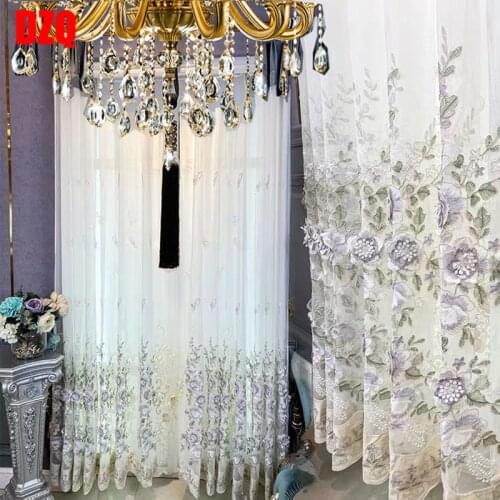 European Luxury Embossed Embroidery Tulle Curtain 3D Beads Sheer Curtain For Living Room Bedroom Luxury Royal Home Decor