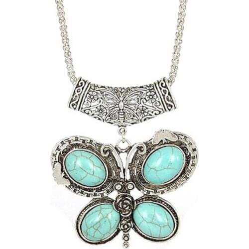 FYSL Silver Plated Butterfly Shape Green Turquoises Stone Pendant Link Chain Necklace Insect Jewelry