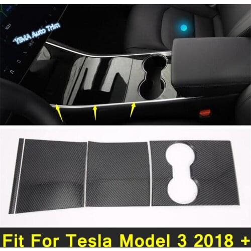Lapetus Carbon Fiber Look Central Console Front Row Water Cup Holder Panel Cover Trim 4PCs For Tesla Model 3 2018 - 2021 ABS