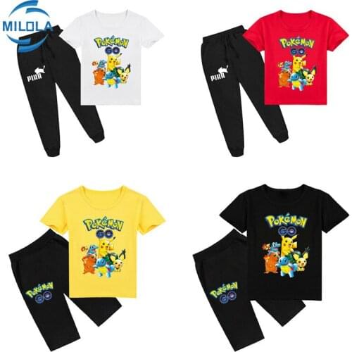 Pokemon Summer Childrens Clothing Set Cartoon Printing Cute Pikachu Childrens Round Neck Short-sleeved T-shirt Trousers Set